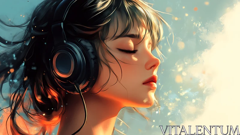 Young woman with headphones in soft digital portrait.