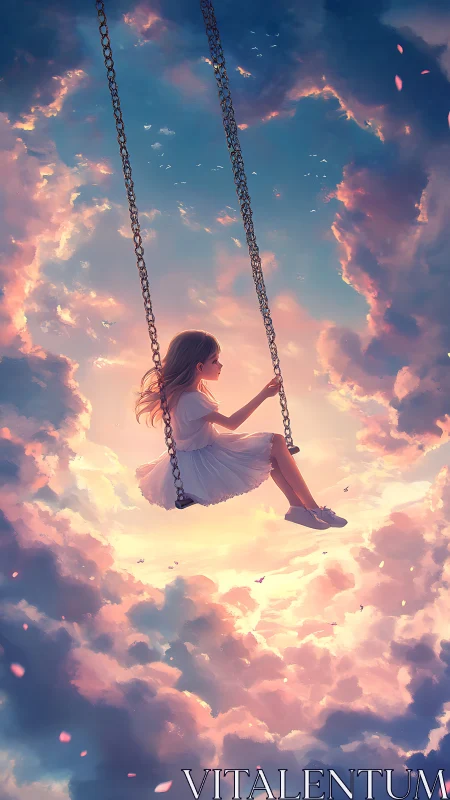 Girl on celestial swing glides through glowing sunset clouds.