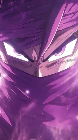 Violet-shrouded anime warrior with intense glowing gaze.