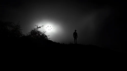Backlit human silhouette against high contrast night horizon.