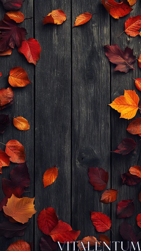 Autumn leaves scattered on dark wooden background panel.