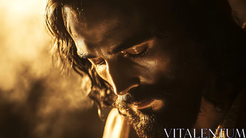 Side-lit close portrait of bearded man with downward gaze.