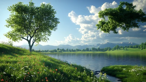 Sunlit lakeside meadow captures detailed atmospheric depth
