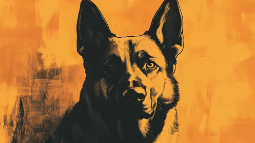 Bold German shepherd portrait on textured amber field.