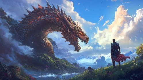 Hero meets colossal mountain dragon under glowing skies