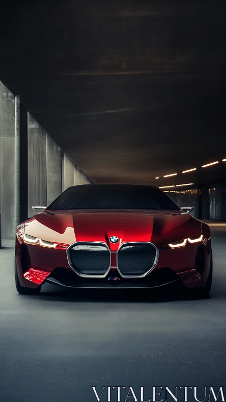 Red BMW sports coupe under tunnel in dramatic light.