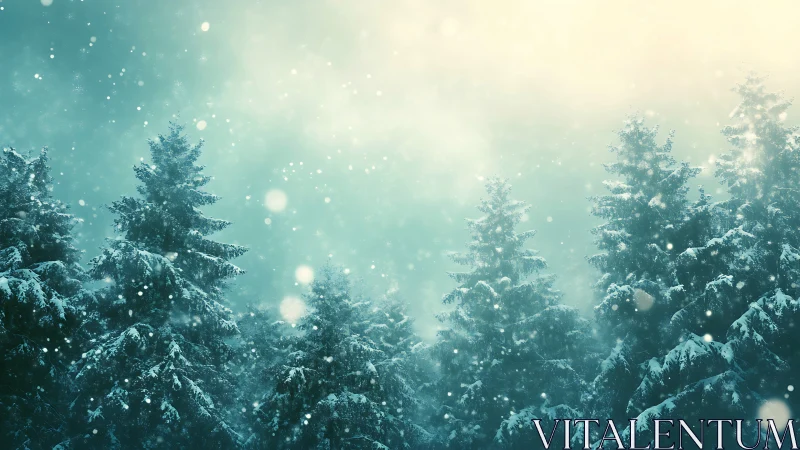 Snow-laden conifer forest under diffuse winter backlight