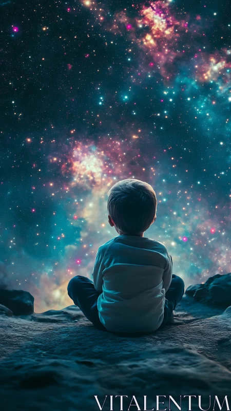 Starry cave dreamer gazes into a nebula-splashed cosmos.