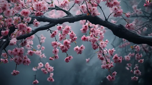 Cherry Blossom Tree with Gnarled Dark Branches Against Misty Gray Sky