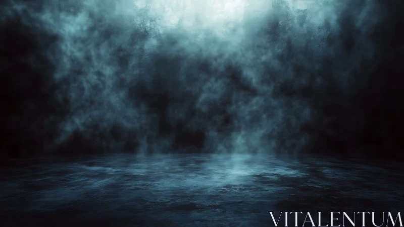 Soft blue mist drifts over a calm, shadowed reflective floor