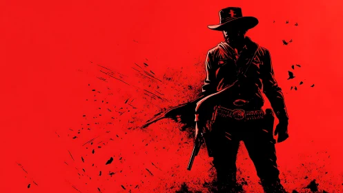 Lone gunslinger silhouette stands defiant in a blazing red sky