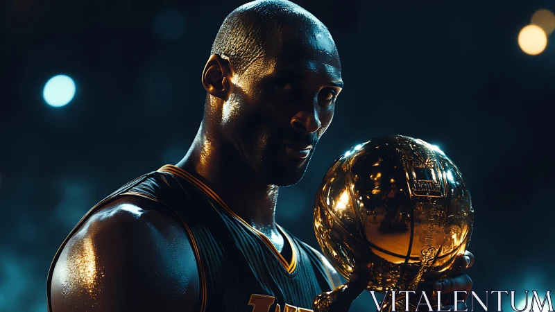 Basketball champion holds golden trophy under arena lights.