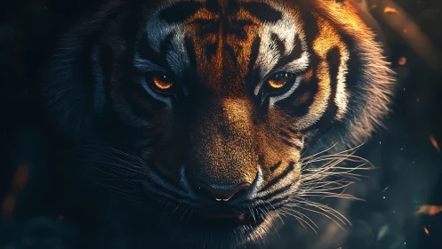 Burnished tiger gaze glows warmly against deep forest shadows