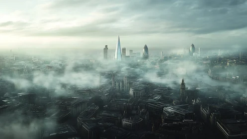 Fog-kissed future city waking slowly under silver skies.