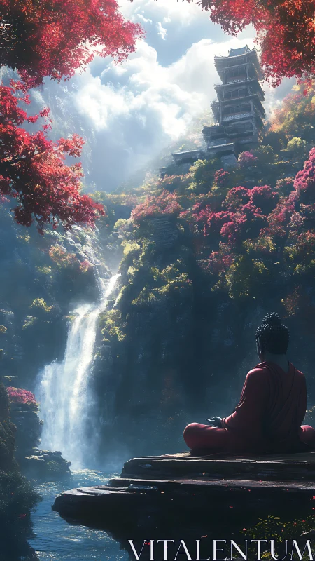 Peaceful monk resting by a misty waterfall and hidden temple.