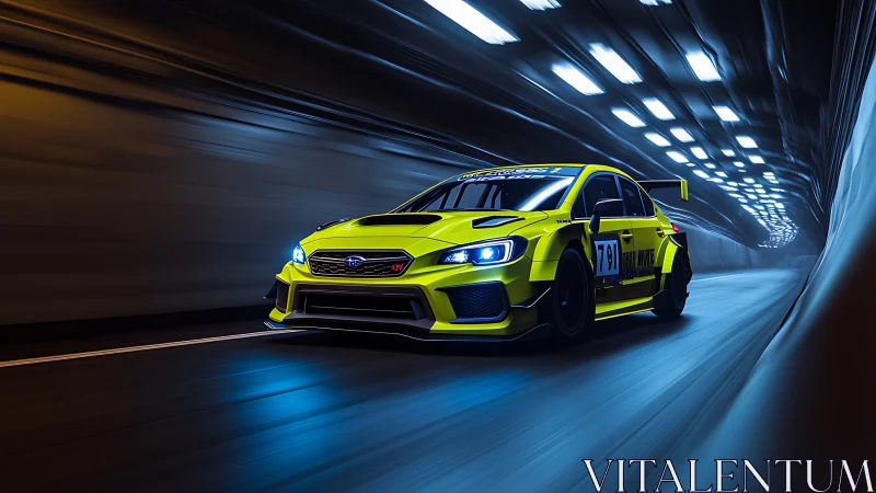 Yellow race car charges through a glowing tunnel of speed