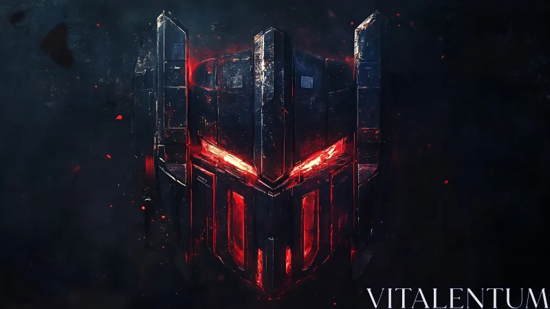 Metallic helmet emblem shows central red illuminated core