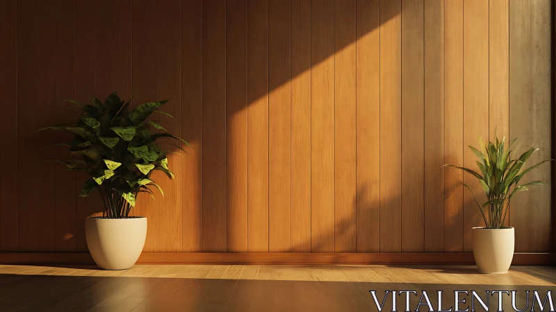 Sunlit Wooden Quietude With Two Potted Green Companions.