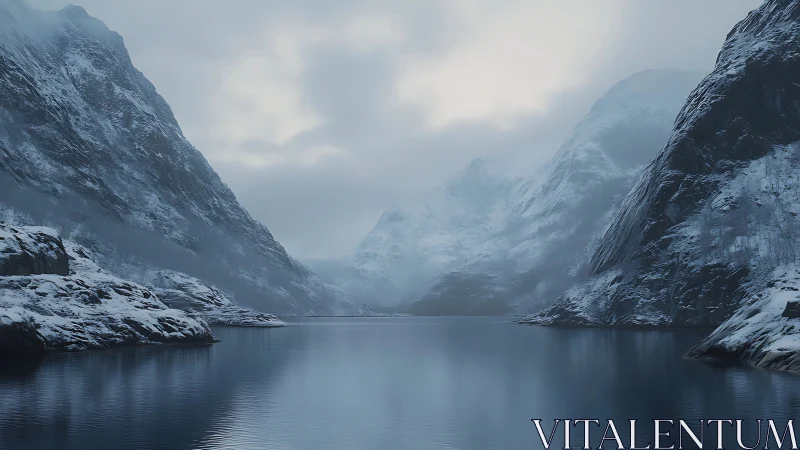 Peaceful winter fjord rests beneath misty mountain peaks