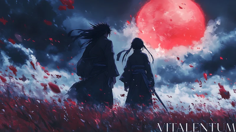 Samurai silhouettes confront oversized crimson moon in turbulent sky