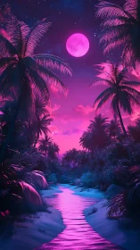 Neon moonlit tropical river renders vivid chromatic contrast