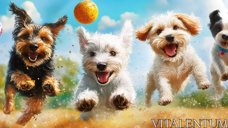 Small dogs running toward camera on sandy outdoor field.