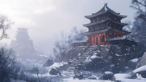 Snowfall surrounds a serene mountain temple glowing warmly