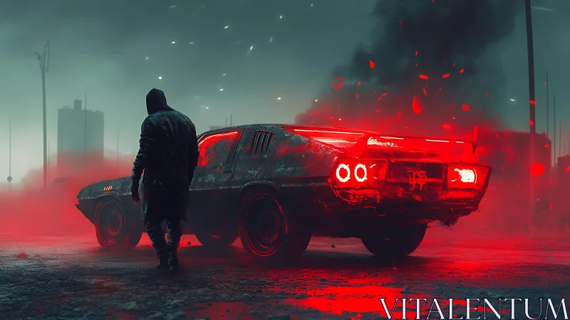 Hooded drifter beside neon car in toxic crimson fog.