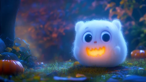 Fluffy ghost-like creature glows amid whimsical pumpkins at dusk.