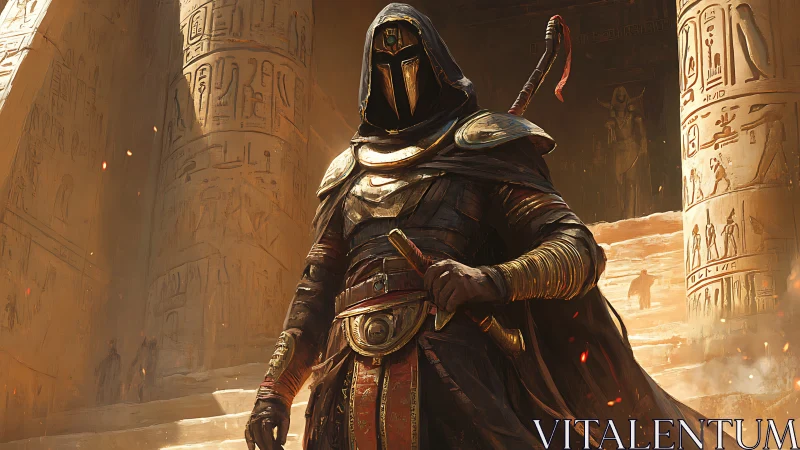 Armored desert sentinel in hieroglyphic temple light, dynamic pose