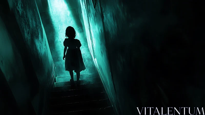 Child silhouette on dark staircase under eerie green light.
