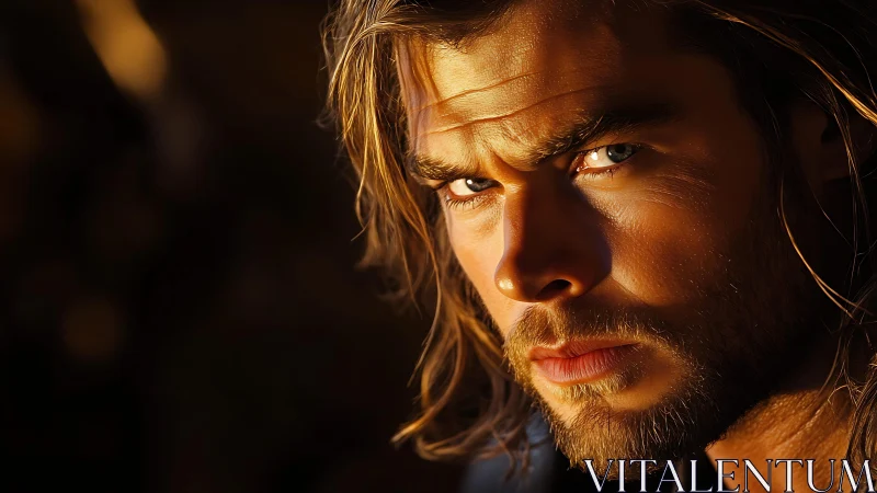 Close-up portrait of intense man in warm sunset light.