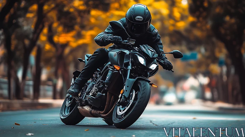 Motorcyclist cornering on urban street in autumn foliage.