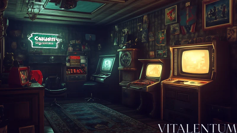 Dimly lit retro gaming room with vintage arcade machines.