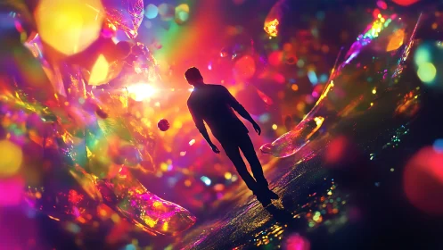 Silhouetted figure crossing prismatic nebula with radiant bokeh.