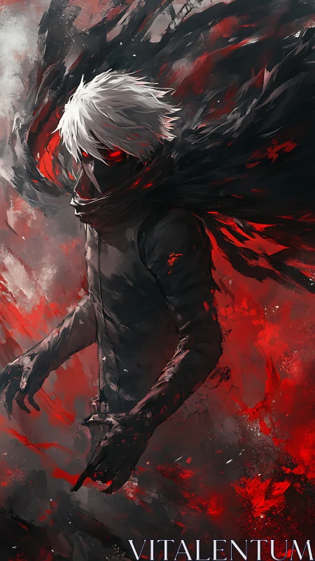 White haired figure with red eyes in swirling dark field.