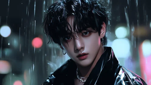 Brooding youth under neon rain with cinematic intensity.