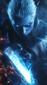 Frostfire swordsman lunges through neon stormlight.