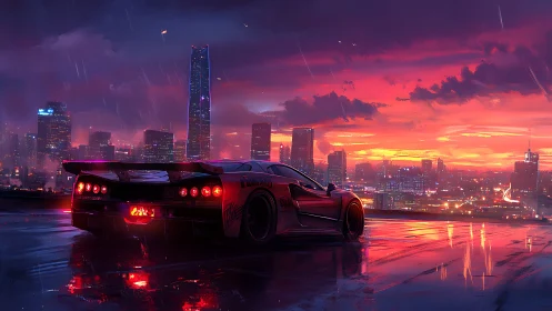 Neon supercar overlooking rain‑soaked cyber skyline at dusk.
