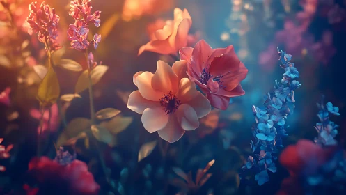 Floral arrangement with warm and cool light gradients.