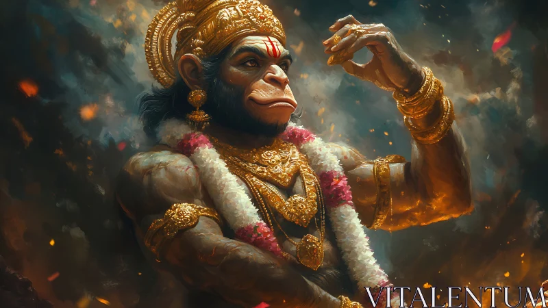 Majestic divine warrior stands radiant in swirling embers