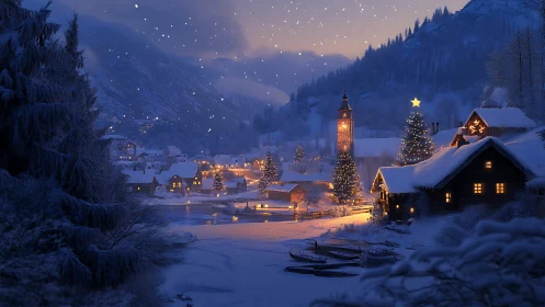 Twilight alpine village under snowfall with glowing holiday lights