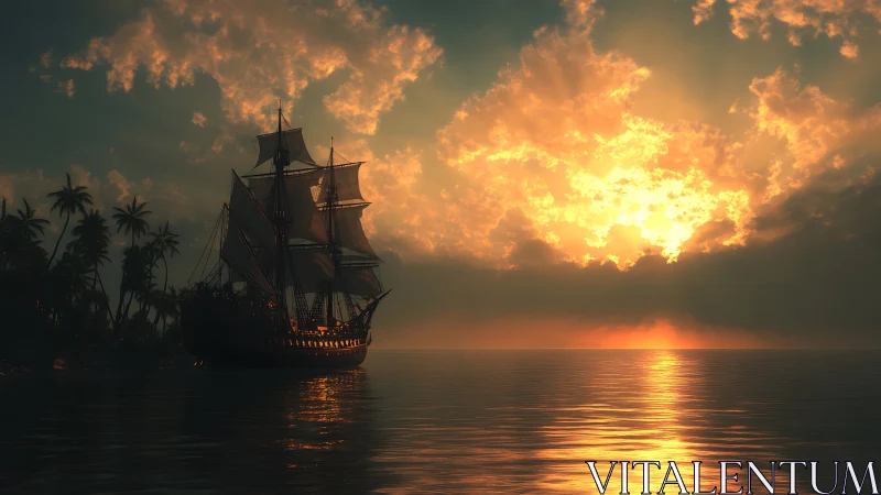 Tall ship silhouettes against molten tropical sunset sky.