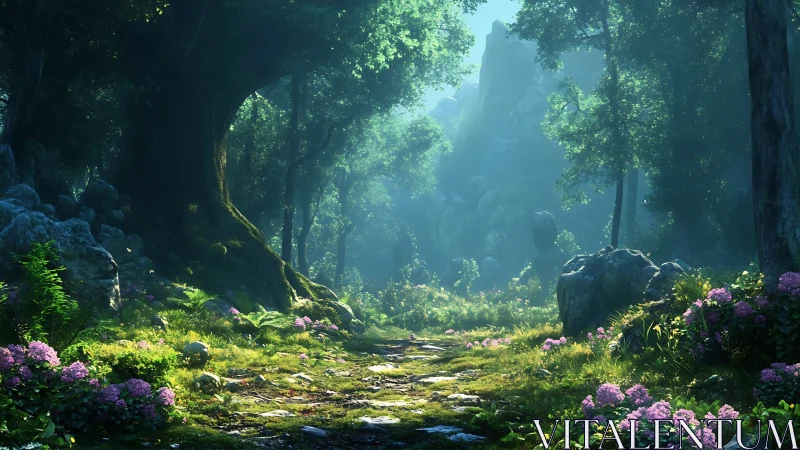 Forest ravine with volumetric atmospheric rendering and illuminated flora