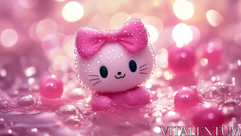 Hydrophilic kawaii cat figurine in glossy pink bokeh bath.