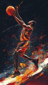 Dynamic basketball layup rendered with explosive paint-splatter motion