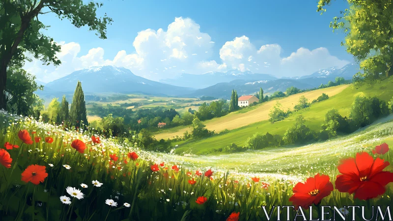 Sunlit mountain valley with wildflower meadow in bloom