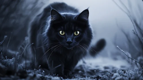 Black Cat in Snowy Landscape with Piercing Yellow Eyes