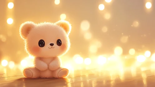 Fluffy teddy bear glows under warm golden bokeh lights.