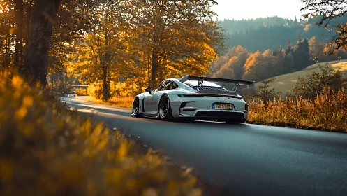 White sports car powers through golden forest road at dusk.